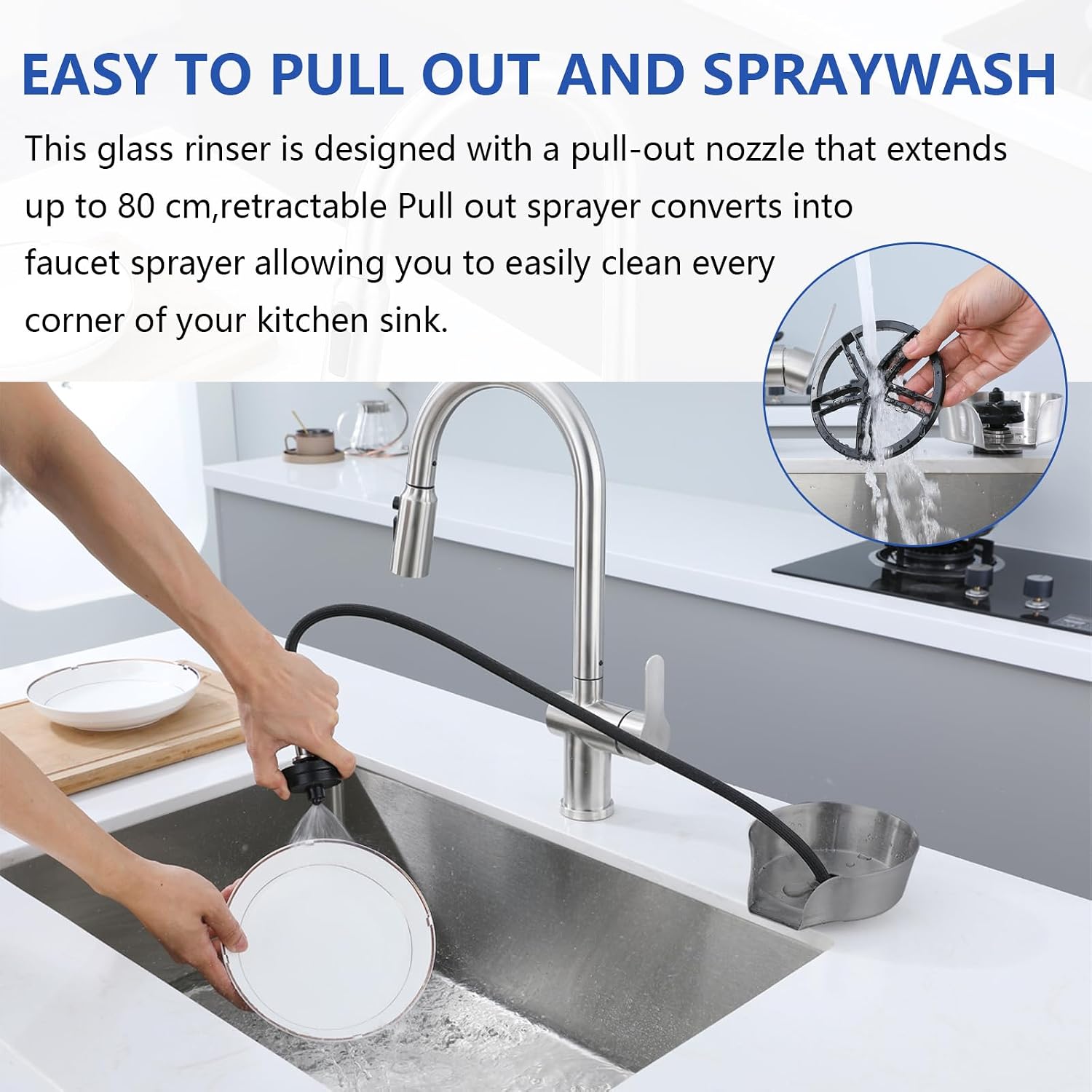 2-in-1 Stainless Steel Glass Rinser Bottle Cleaner, Nickel for Cup Washer | Pull-out Sprayer, 360° Rotating Sprayer Nozzle, Kitchen Sink Accessories, Easy Install