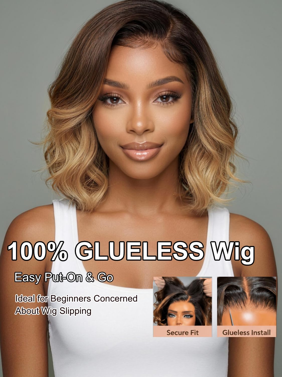 UNICE Human Hair Wig Wavy Bob Glueless 7x5 HD Lace Front, Pre Plucked Pre Cut, Chocolate Brown with Honey Blonde Highlights, Drawstring No Slip, Ready to Wear Beginner Friendly 10 inch