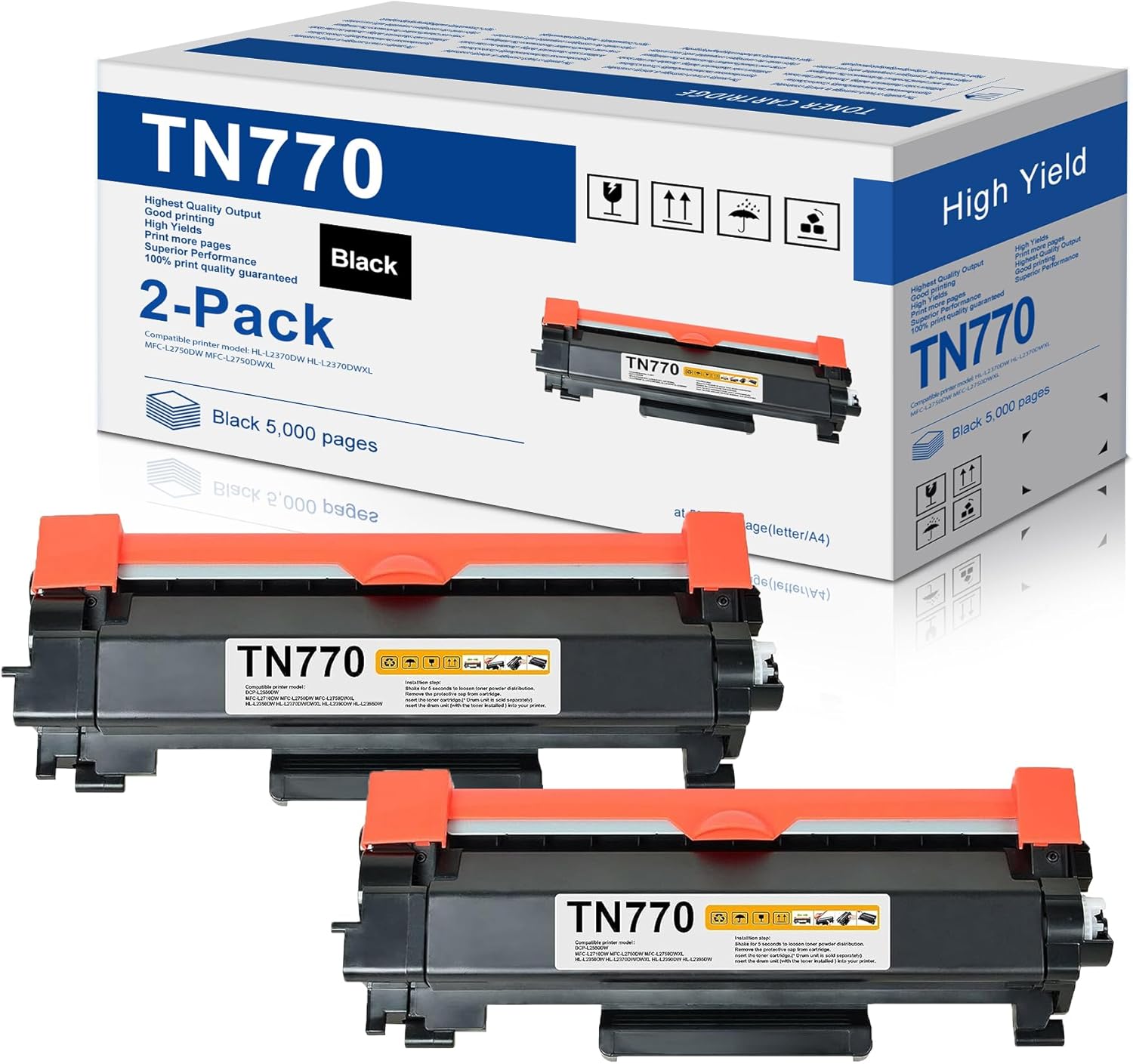 TN770 TN-770 High Yield Toner Cartridge Replacement for Brother TN 770 Black Toner Cartridge for HL-L2370DW HL-L2370DWXL MFC-L2750DW MFC-L2750DWXL Printer (Up to 5000 Pages,2-Pack)