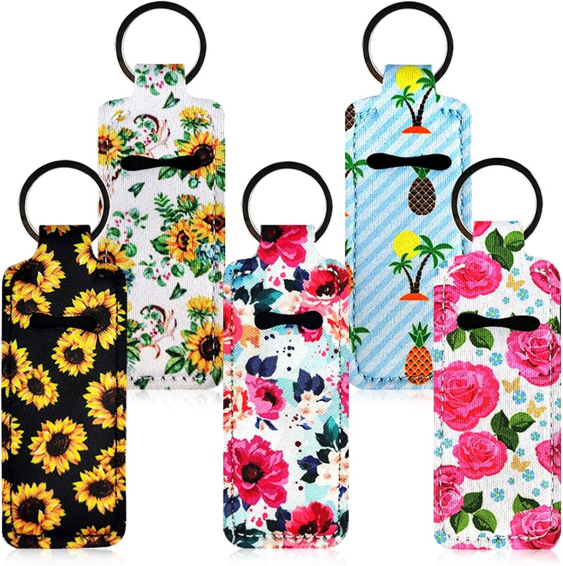 5pcs Lipstick Balm Holder Keychains Neoprene Chapstick Holder Keychain, Cute Design Neoprene Lip Balm Keychain Holder