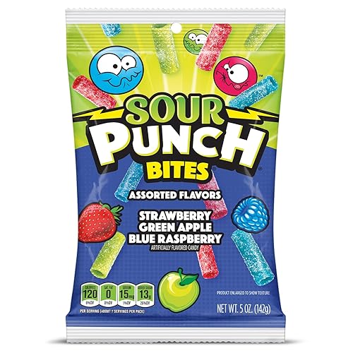 Sour Punch Bites, sabores surtidos de frutas agridulces, caramelos masticables, 5 onzas (paquete de 12)