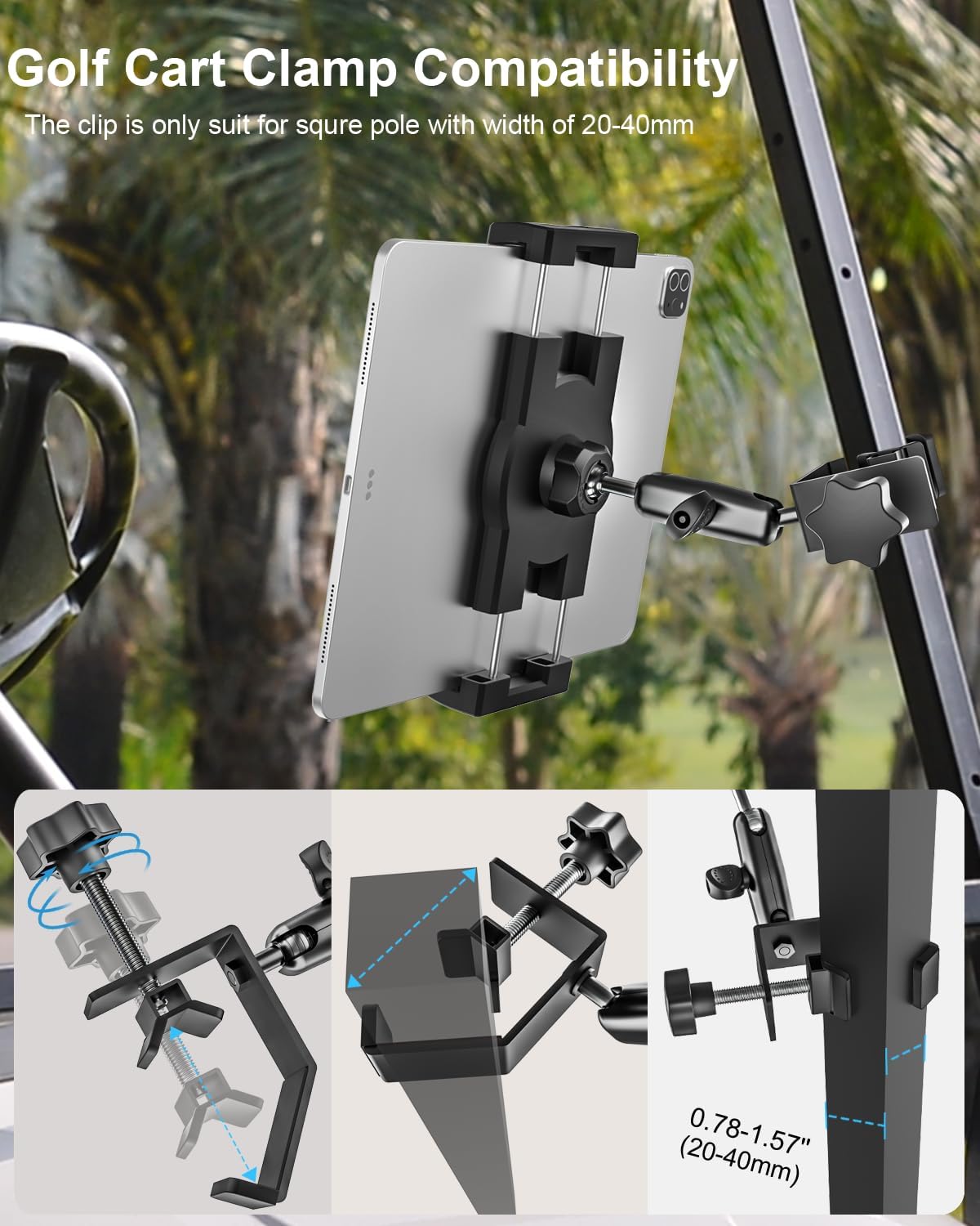 woleyi Golf Cart Tablet Holder Mount, 360° Adjustable, Metal Wider Clamp Arm for ZGO/Club Car/Yamaha/Other Golf Carts, for 4.7-13" Device Like iPad Pro, Air, Mini, iPhone, Galaxy Tabs, Z Fold, Fire HD