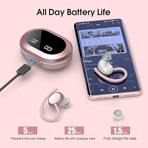 Miniatura 5 de Ear Buds - Auriculares inalámbricos, auriculares estéreo de alta fidelidad Bluetooth 5.3 para correr con pantalla LED dual, 30 horas de Oro