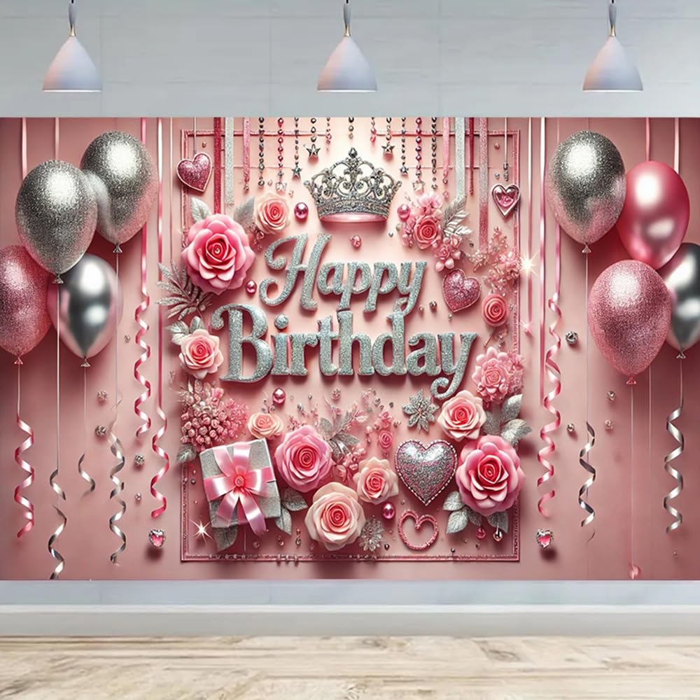 Happy Birthday Party Backdrop 71x43 Inch Glitter Balloons and Pink Rose Crown Birthday Banner Suitable for Girls and Women Party Decoration Photo