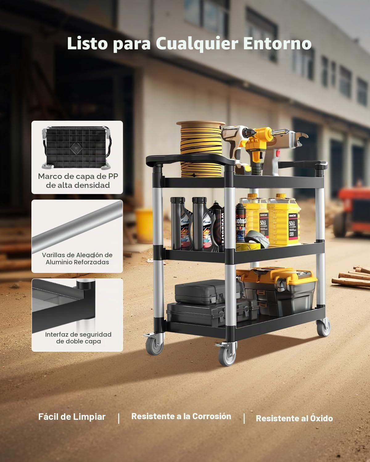 VEVOR Carrito Multiusos, Carga de 150 kg, Carrito Multiusos de Plástico 1060 x 490 x 980 mm de 3 Niveles con Ruedas Giratorias de 360° (2 con Frenos), para Almacén, Restaurante, Cocina, Negro