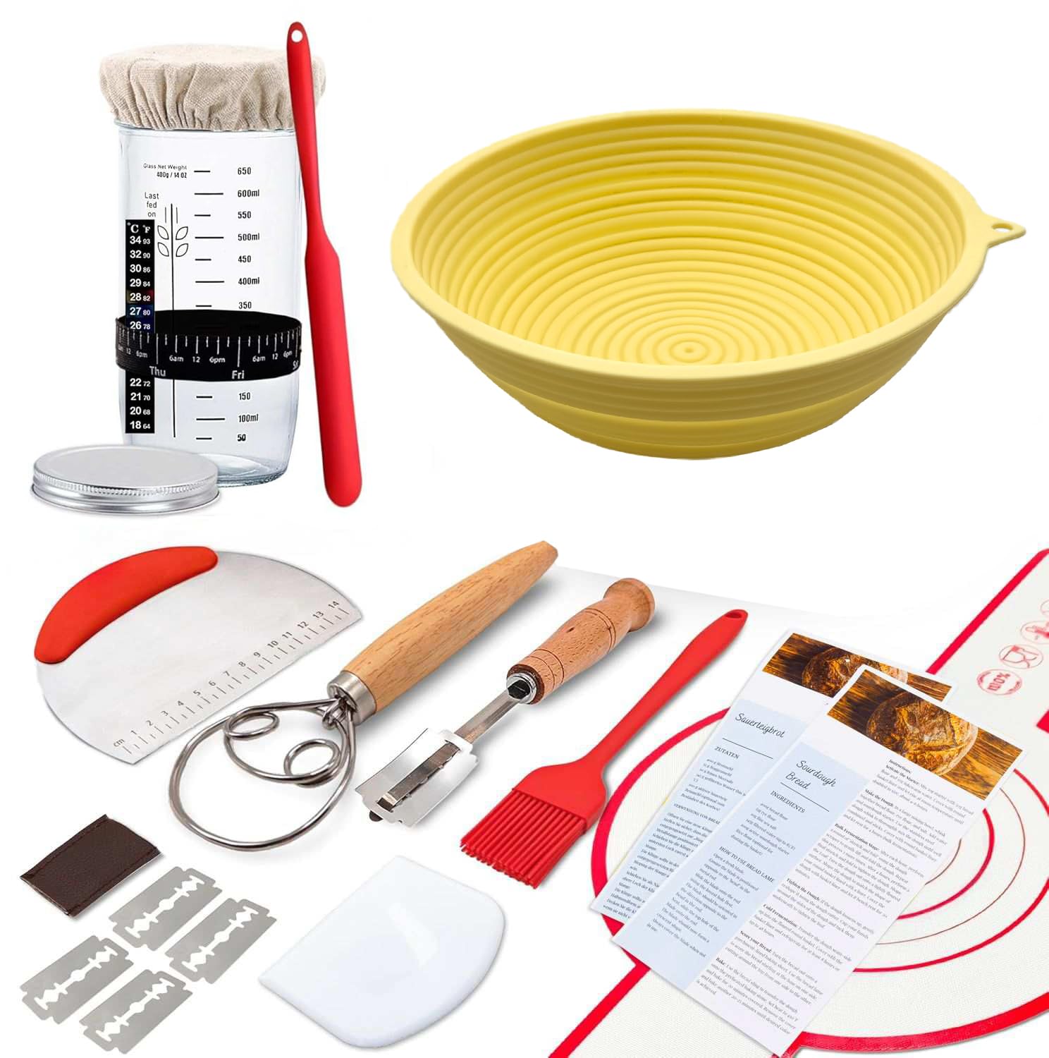 SoLuna.® Sourdough Starter Kit for Bread Making with Silicone Proofing Basket Round - Sourdough Starter Supplies Kits - Bread Baking Accessories (Silicone Red, 15pcs)