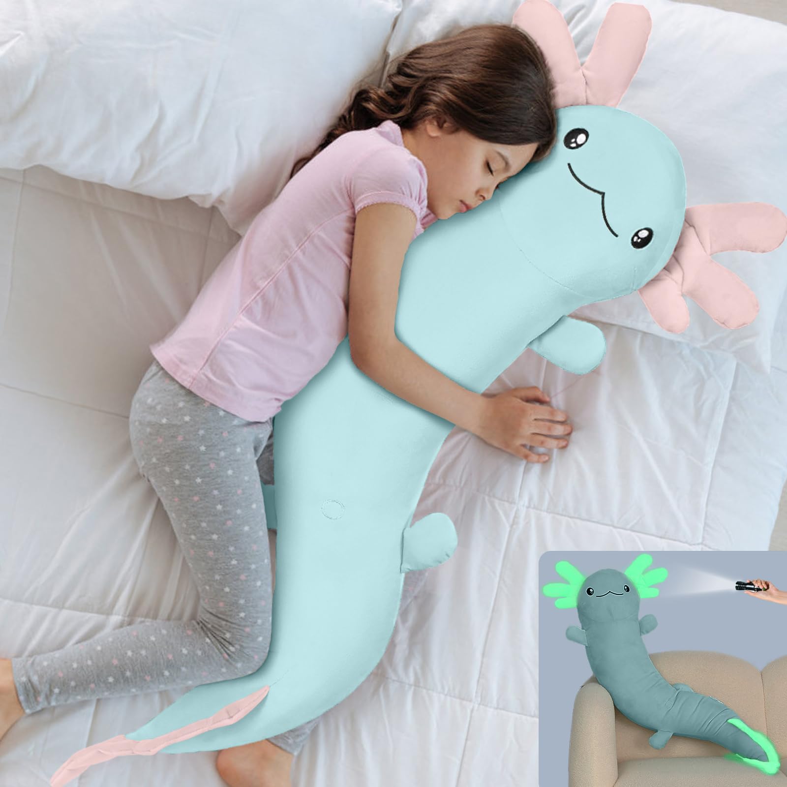 MorisMos 122cm lang Axolotl Kuscheltier XXL Kissen, Geburtstag Geschenk für Kinder Baby,blau rosa
