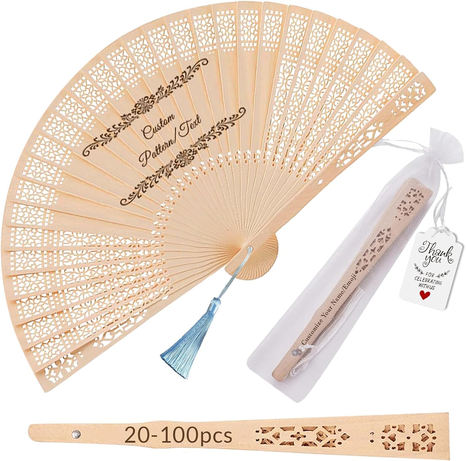 30PCS Personalized Sandalwood Fans for Wedding Guests Bulk, Custom Wood Folding Hand Fans with Gauze Bag & Tassels, Customizable Wedding Favors for Bridal Shower, Summer Outdoor Party Souvenirs (30)