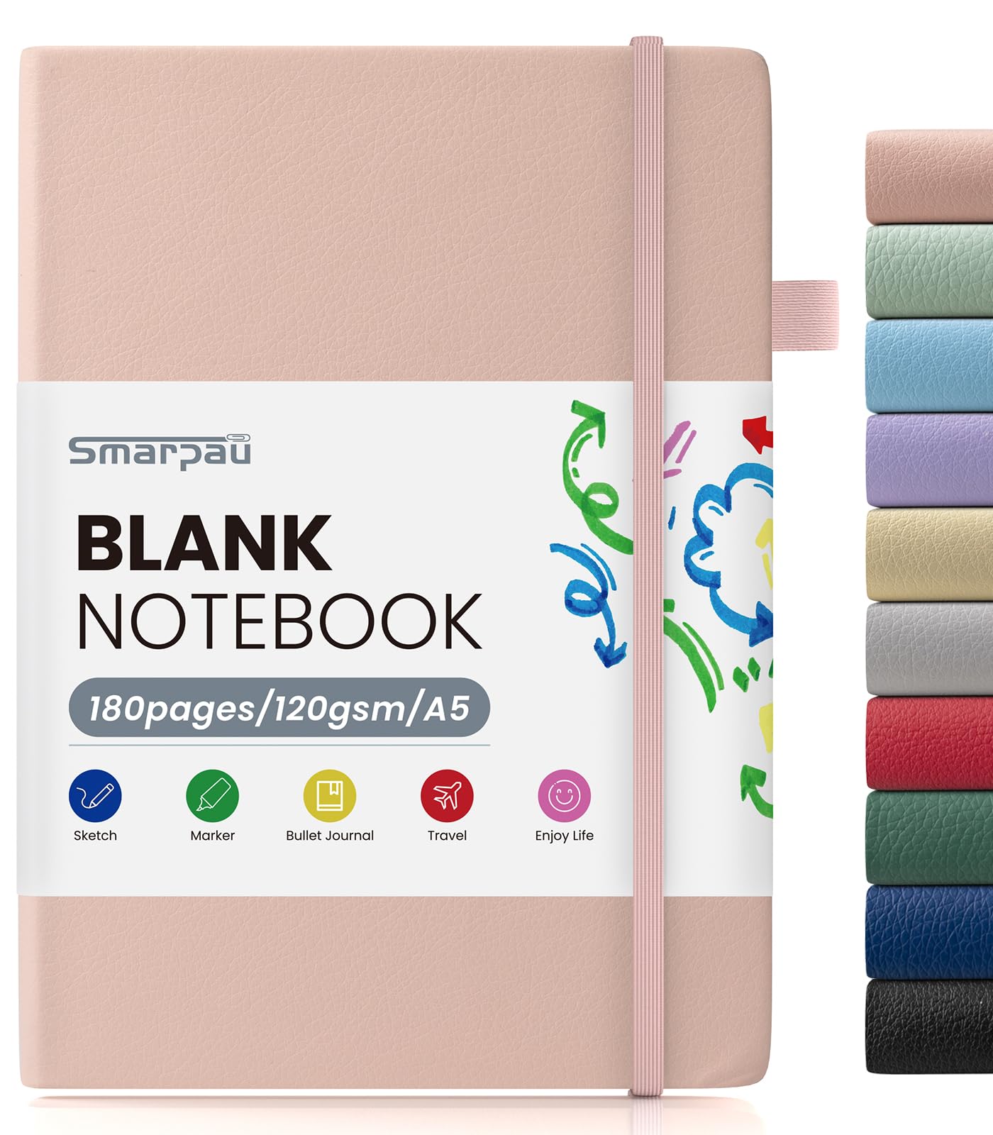 Smarpau A5 Blank Notebook, 180 Pages Hardcover Leather Journal for Women Men, Unlined Notebook with 120GSM Blank Paper, No Bleed for Writing, Drawing, Sketching, Planning - Light Pink