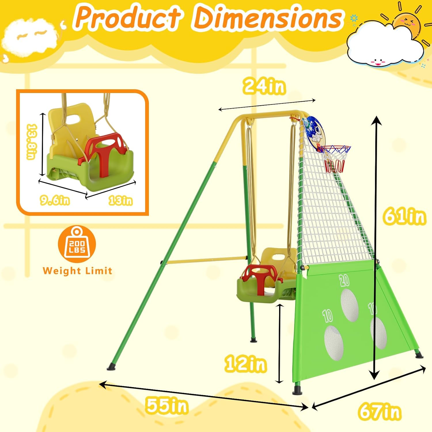 Swing Sets for Backyard,5 in 1 Outdoor Swing Set Swing Seat, Soccer Goals and Basketball Hoop, Outdoor Playset Suitable for Kids (Light Green)