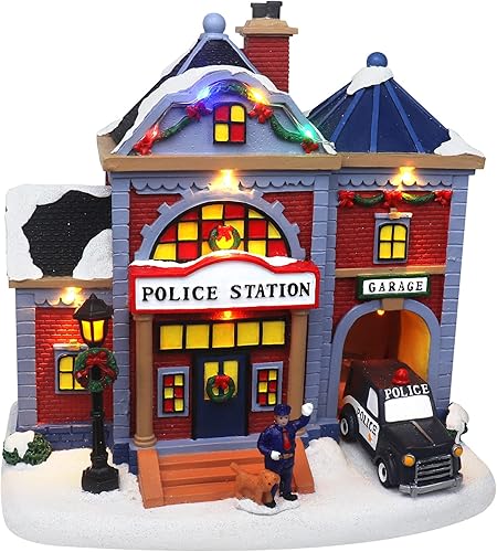 Christmas Village - Estación de policía animada Edificio coleccionable de aldea musical de nieve preiluminado Complemento perfecto para tus