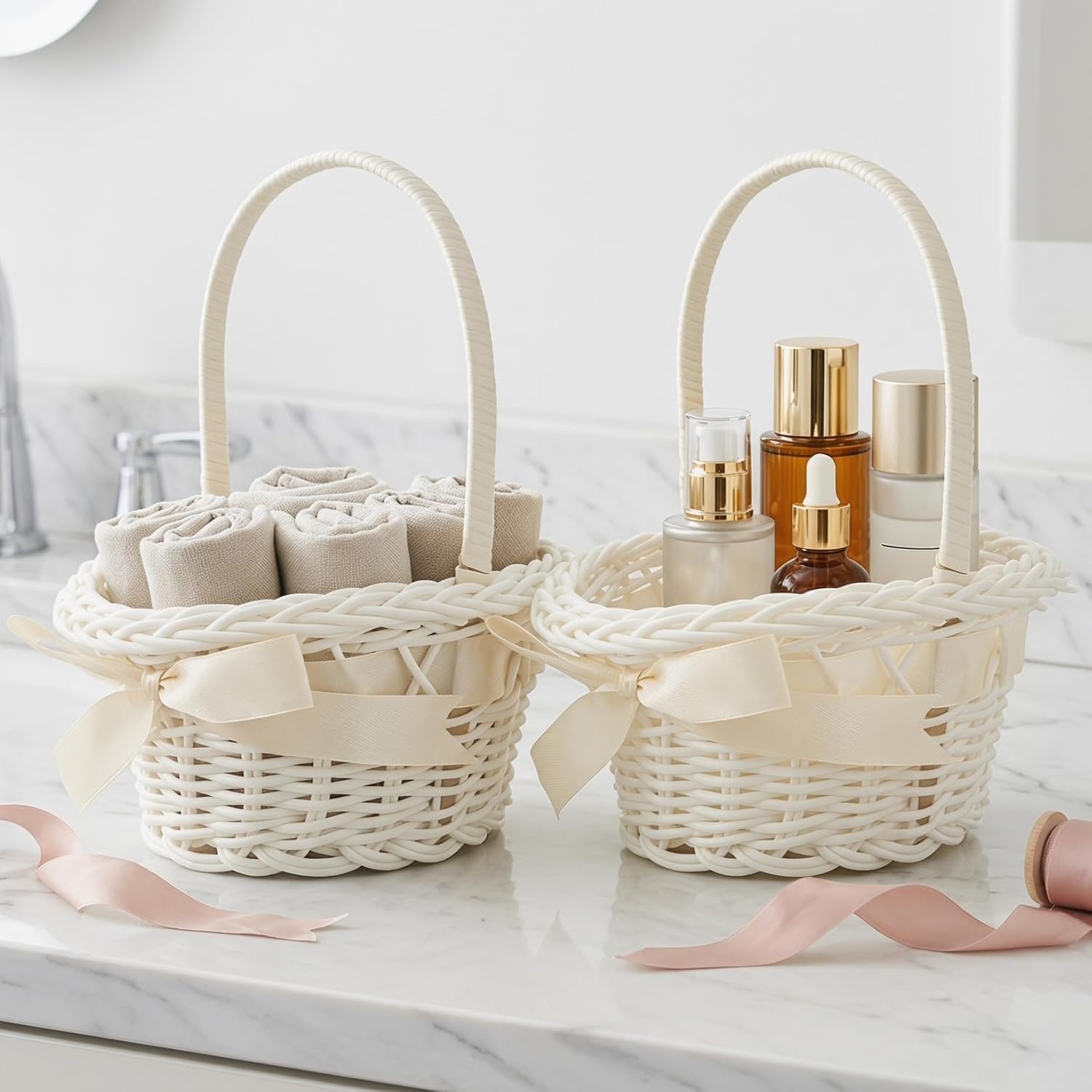 Set of 2 Braided Jacquard Flower Baskets with Handles 6.29X4.72X4.72In Faux Rattan Woven Storage Baskets for Floral Arrangements Home Decor and Gift Storage