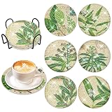 6 Pcs Leaves Diamond Art Painting Coasters Kits with Holder DIY Green Leave Diamond Art Coaster Non