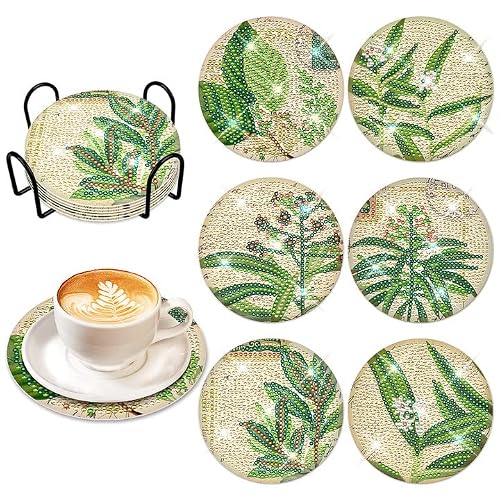 6 Pcs Leaves Diamond Art Painting Coasters Kits With Holder Diy Green Leave Diamond Art Coaster Non Slip Coaster For Adults Diamond Painting Kits Supplies #TOP25