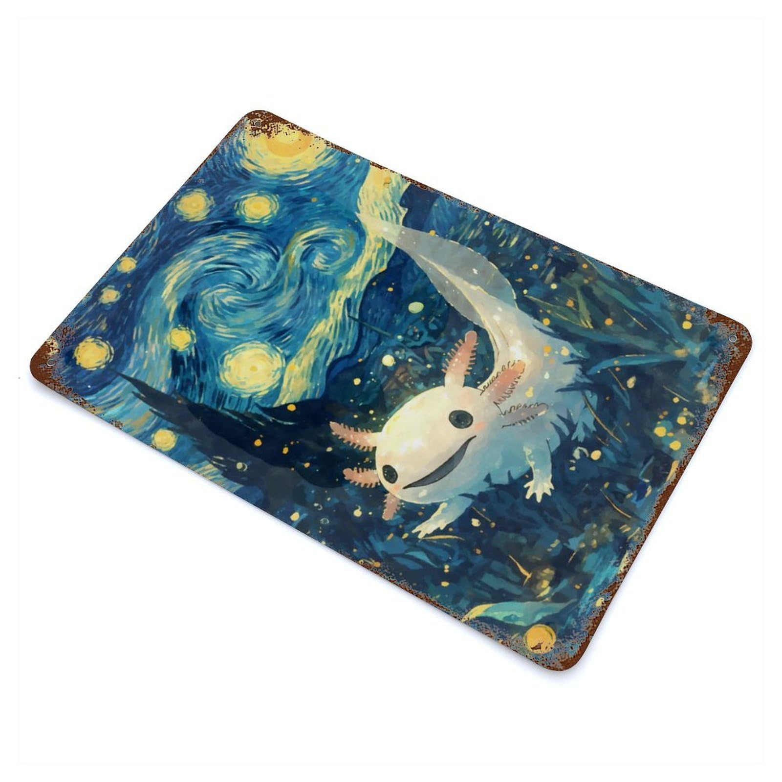 Distressed Metal Wall Sign with Axolotl Starry Night Design 11.8"x7.9", for Farmhouse, Kitchen And Entryway Decor, Old School Wall Decor