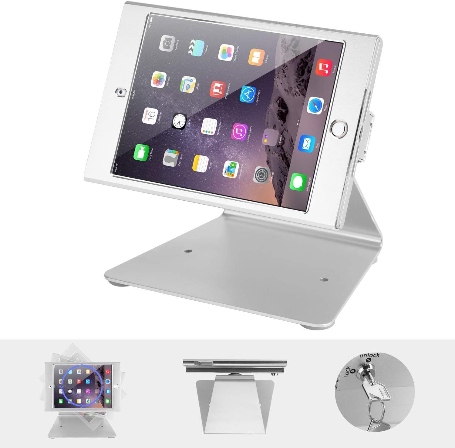 Tablet Stand Holder Mini Desktop Anti-Theft Security Kiosk & POS Stand Holder Enclosure Lock Key, Compatible iPad Mini 1/2/3/4, 360 Degree Rotating Design