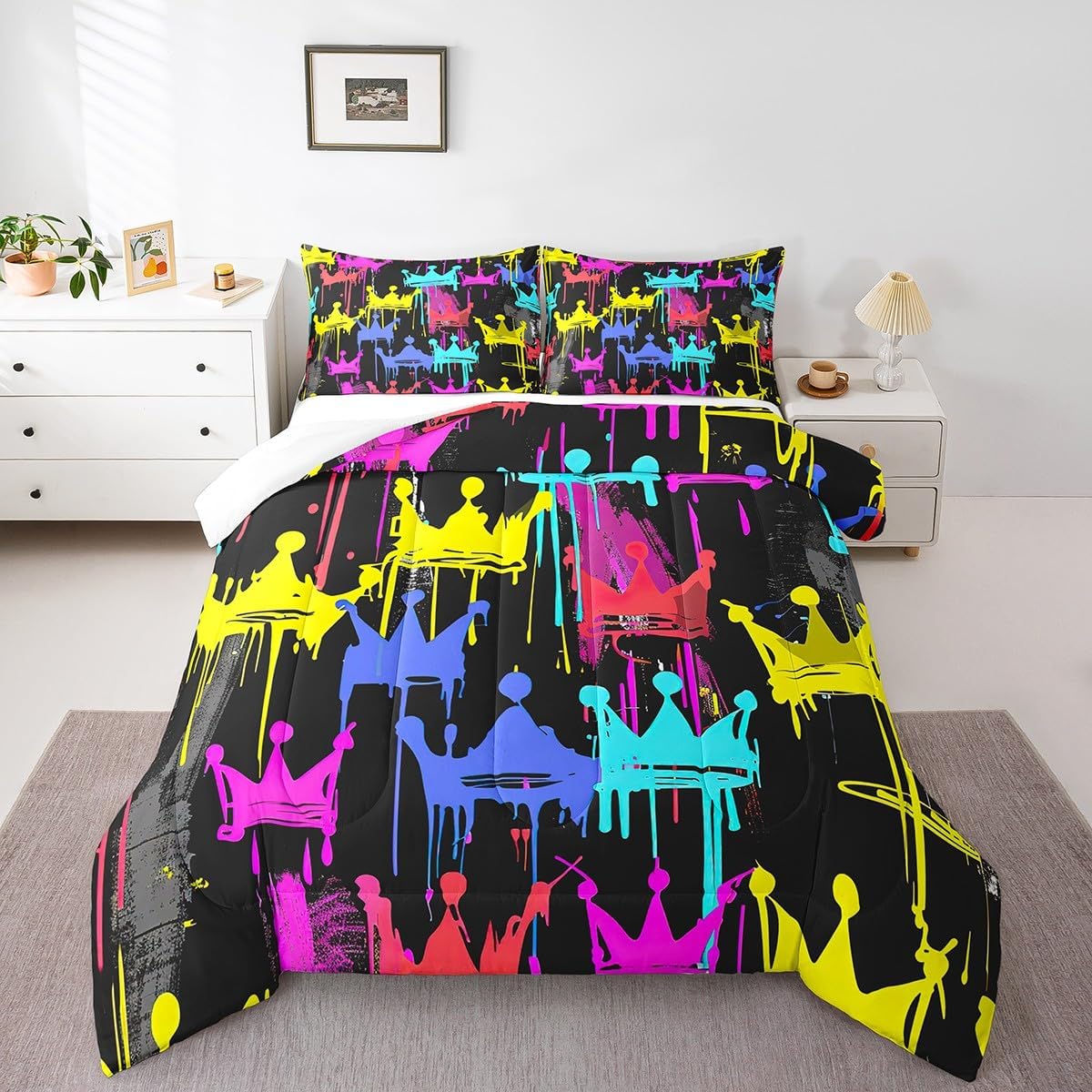 Manfei Glitter Print Comforter Set King Size, Purple Blue Sequins Print Bedding Set for Kids Girls Adults, Fashion Sparkling Down Comforter, Lightweight Duvet Insert,2 Pillowcases