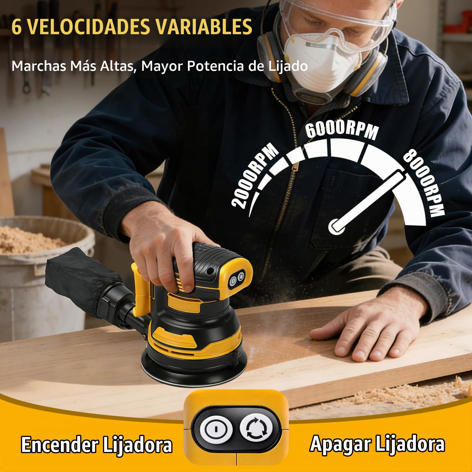Lijadora Orbital Inalámbrica 125 mm para Dewalt 20V (sin Batería)