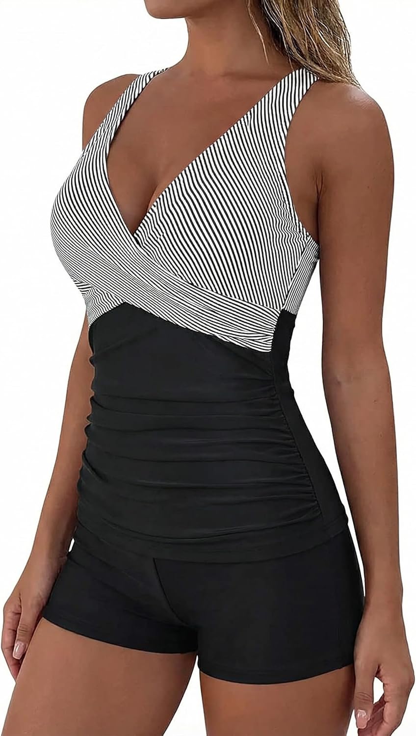 Firpearl Underwire Tankini Swimsuits for Women V Neck Twist Tankini with Shorts Tummy Control Two Piece Bathing Suits