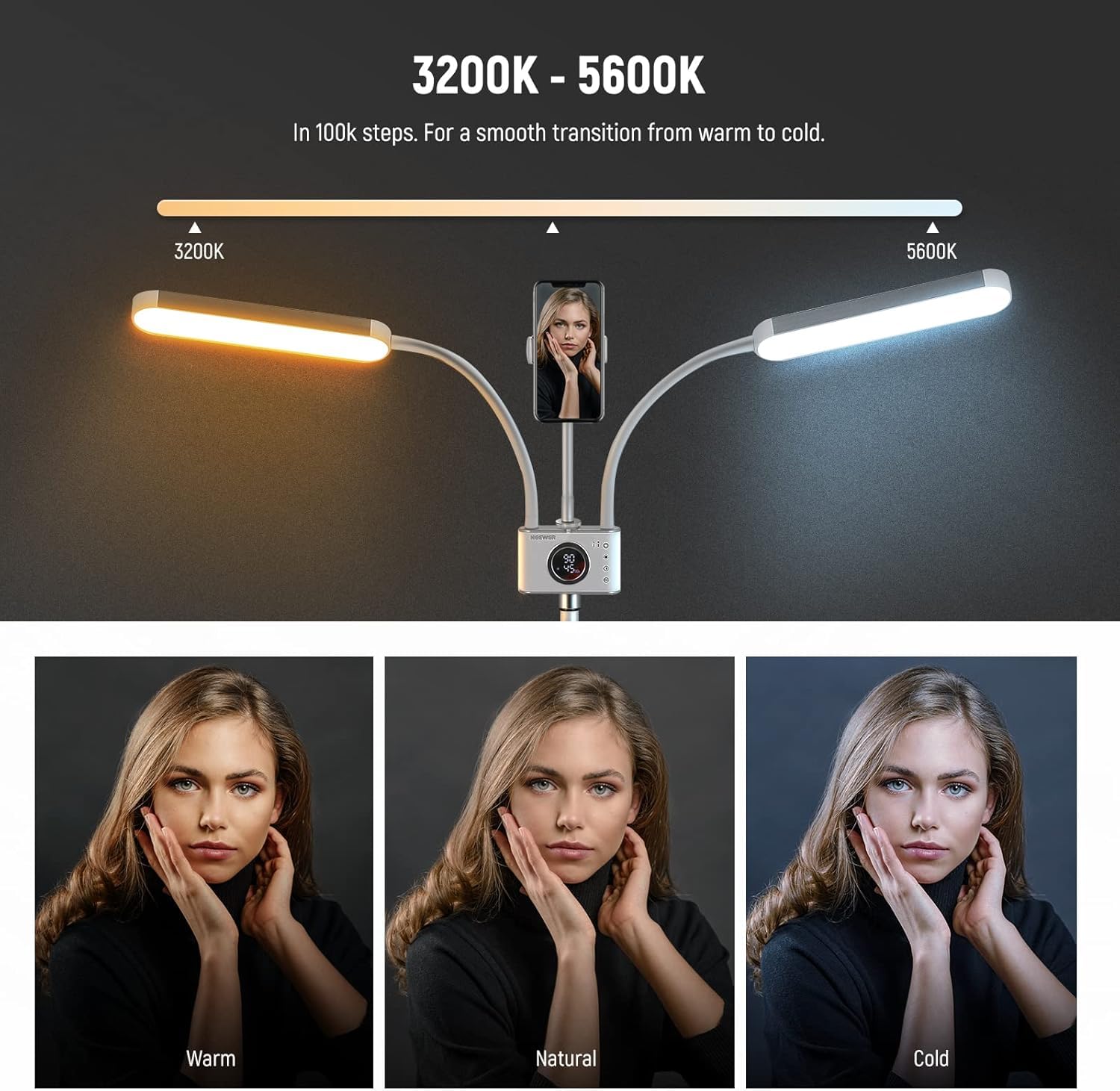 Neewer Lumière d'Esthéticienne avec Support Téléphone et Kit de Sac de Voyage, Lampe Photo LED Cils avec 2,4G/PC/Mac et Contrôle Séparé de 2 Bâton Lumineux, CRI98+, Eclairage pour Tatouage/Beauté