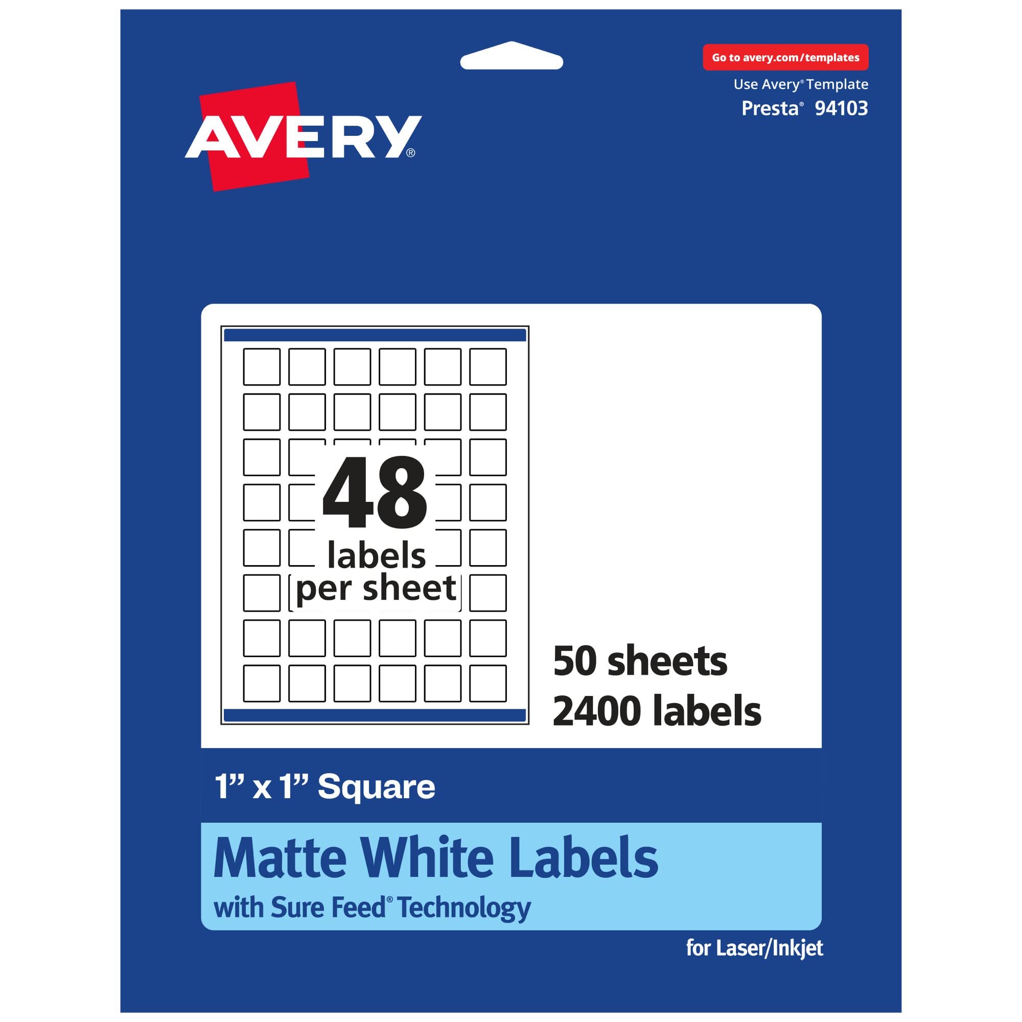 Avery Matte White Square Labels, Sure Feed Technology, 1" x 1", 2,400 Matte White Printable Labels