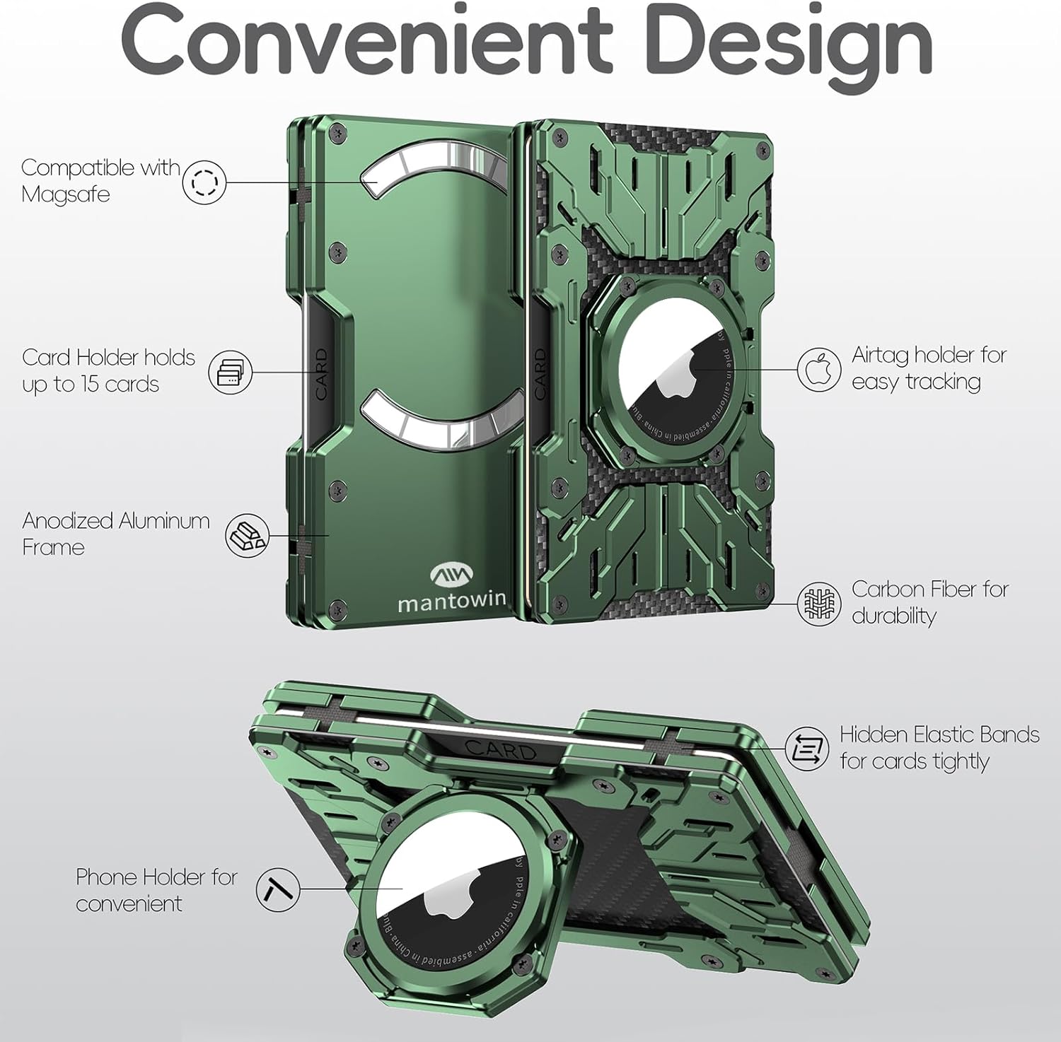 Minimalist Mens Wallet RFID Blocking - Slim Metal Wallet With Airtag Holder - Compact Credit Card Holder Mini Size, Metal, Carbon Fiber (Army Green) - Image 3