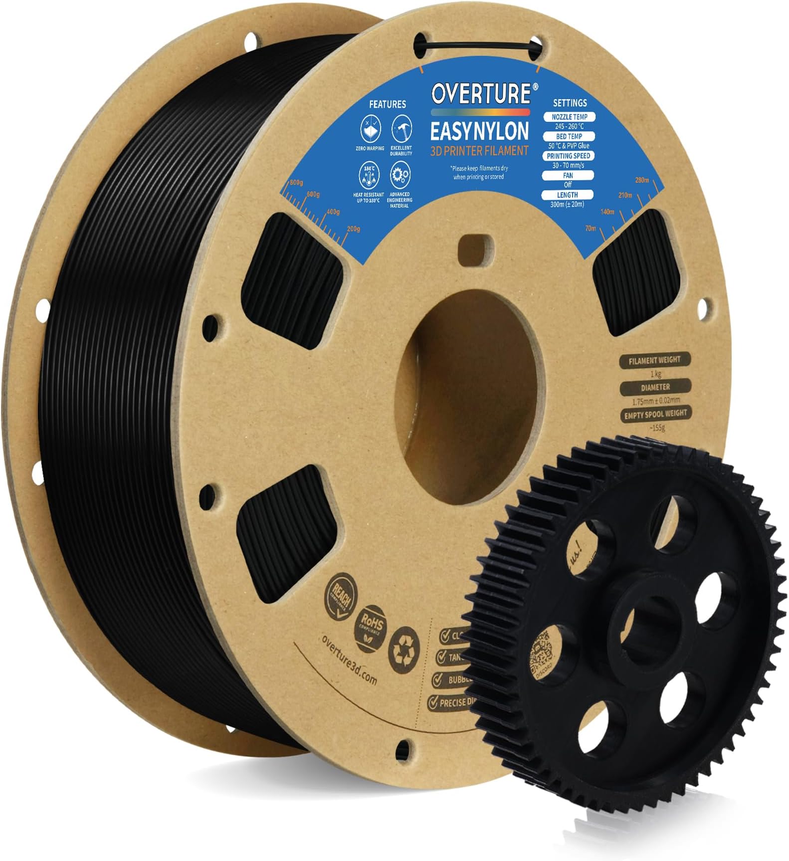OVERTURE Nylon Filament 1.75mm 3D Printer Filament, Polyamide (PA) 1kg Spool (2.2lbs), Dimensional Accuracy +/- 0.02 mm, Fit Most FDM Printer (Black)