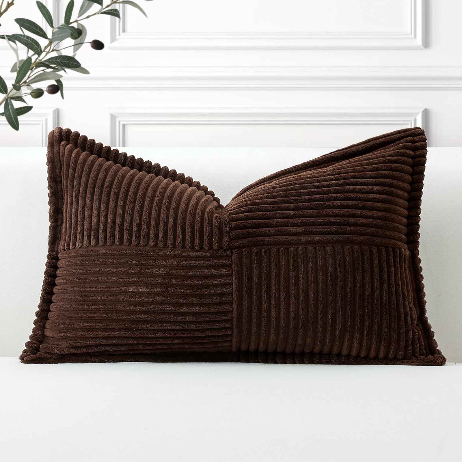 Artscope Striped Corduroy Cushion Covers with Splicing Super Soft Boho Pillow Covers Broadside Decorative Textured Throw Pillows for Couch Sofa Bed Living Room 40x60cm, Dark Brown