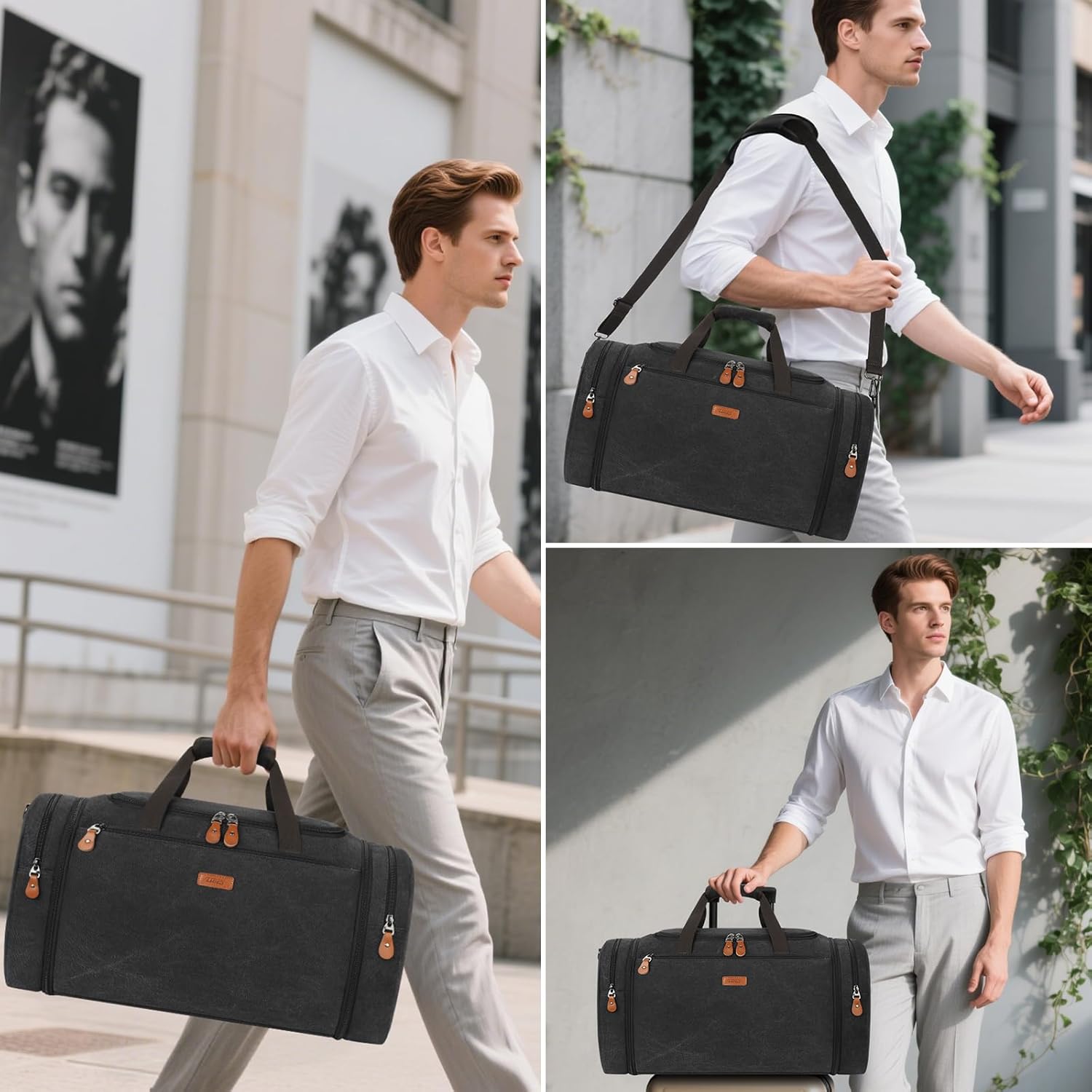 Canvas Mens Duffle Bag for Travel - Expandable 50L Weekender Bags with Toiletry Bag, Overnight Bag Travel Duffel Carry On Luggage with Removable Shoulder Strap, Durable & Water-Resistant - Image 6