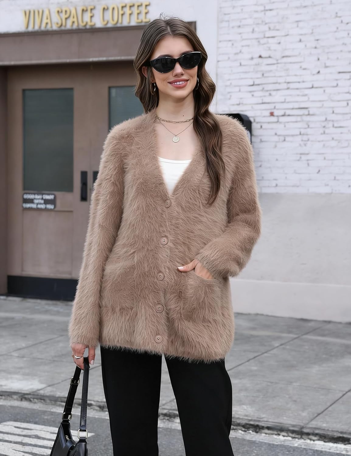 Wyeysyt Women's Fuzzy Cardigan Sweater V Neck Long Sleeve Button Down Knit Furry Sweaters with Pockets - Image 5