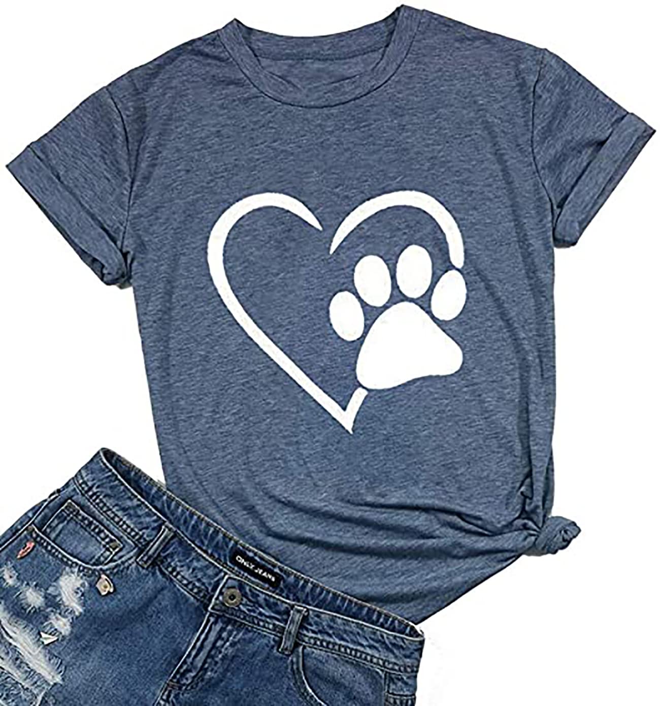 SusongethDog Paw Love Heart Print T-Shirt for Women Short Sleeve Dog Mom Graphic Tees Tops Mother's Day Shirts