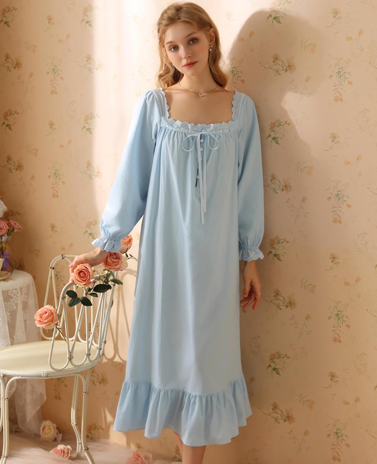 Nanxson Women's Victorian Cotton Nightgown Vintage Princess Style Sleepwear Short/Long Sleeve Nightdress with Lace Ruffled - Image 4