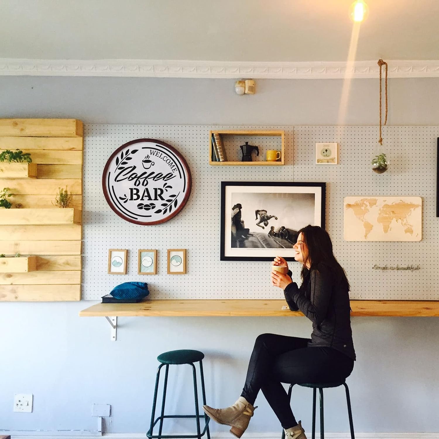 FINGERINSPIRE Coffee Bar Stencil 11.8x11.8inch Reusable Coffee Quote Stencil Plastic Stencils for Signs Cafe Stencils Welcome to Coffee Bar for Painting on Furniture, Wall, Fabric, Paper