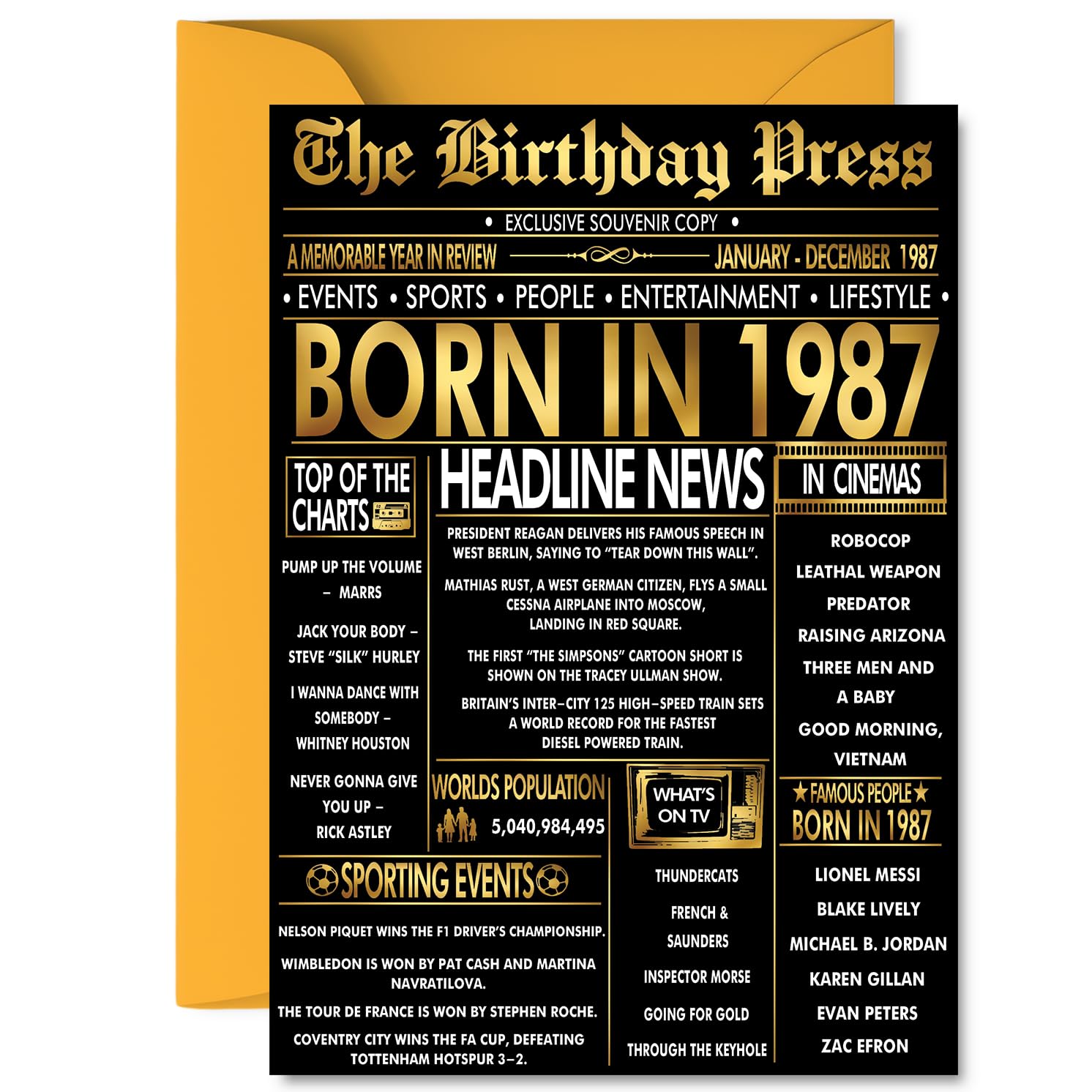 Gold 39th Birthday Card for Men Women - Black & Golden Newspaper Born in 1987 - Happy 39 Birthday Cards for Cousin Son Brother Husband Auntie Wife, A5 Bday Greeting Cards
