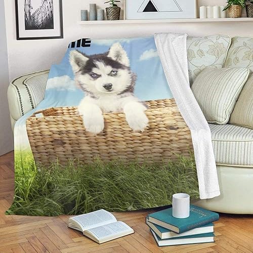 Miniatura 3 de Manta personalizada con texto del nombre, manta de forro polar súper suave personalizada con lindo perro husky para sofá, cama (50 x 60 pulgadas)