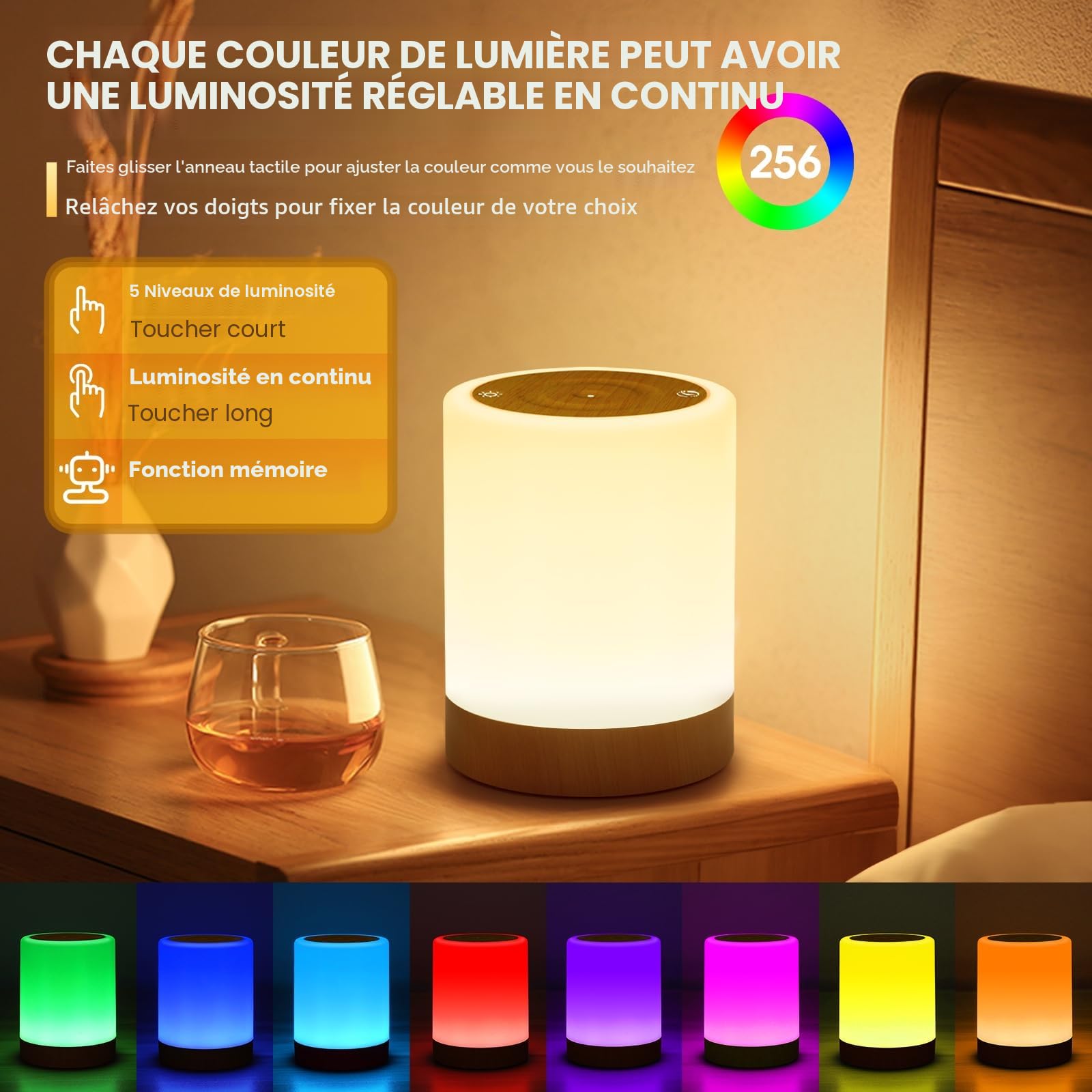 Lamparas de Mesita de Noche Tactil Regulable, Lampara Mesita Noche con 256 RGB Color y 5 Modos, Luz Cálida Luz Nocturna Lampara Mesa LED Recargable USB con Función de Temporizador para Regalo