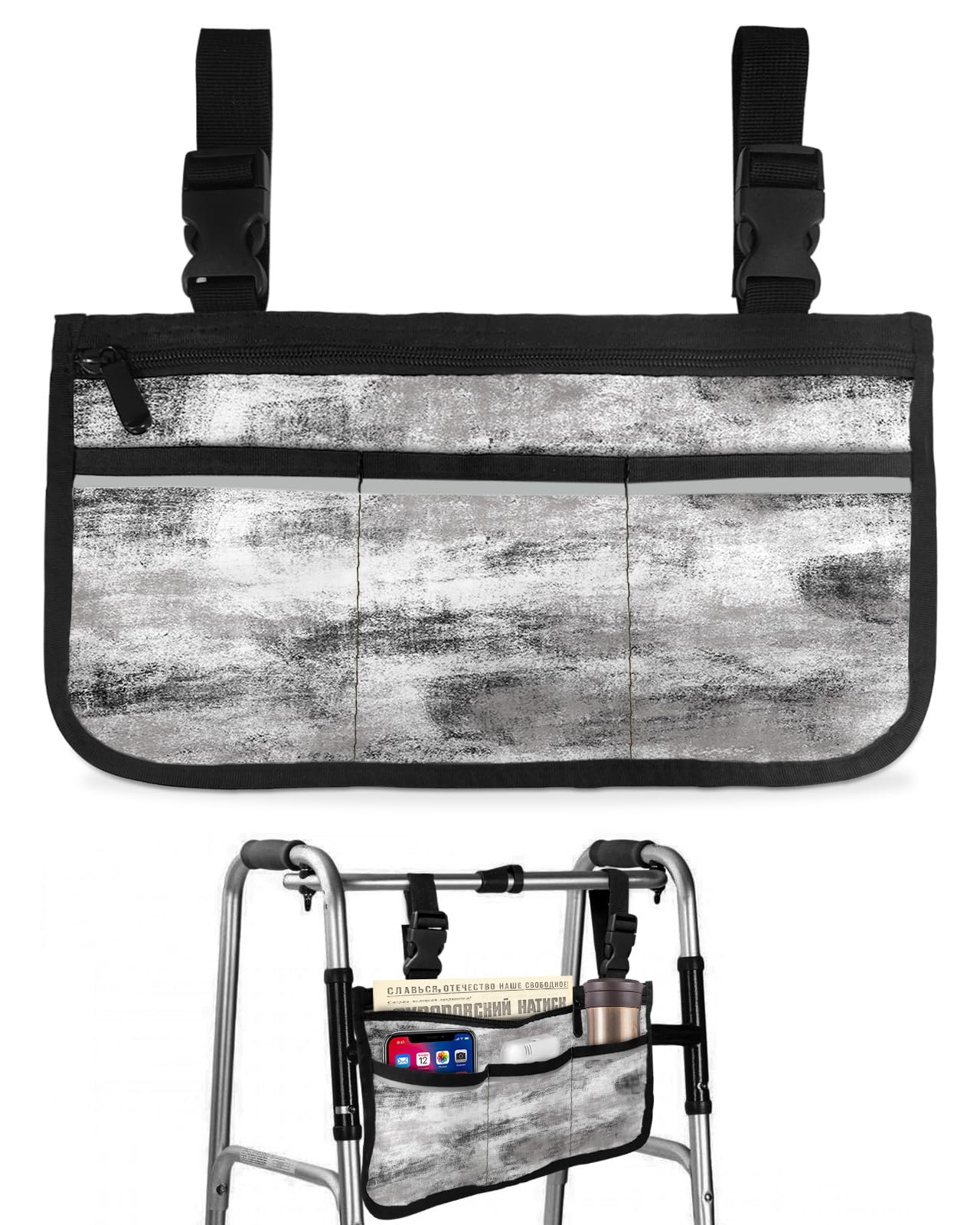 Black and White Wheelchair Side Bag Walker Bag, Grey Smear Painting Abstract Art Wheelchair Accessories Armrest Pouch, Organizer Storage Bag for Walkers, Rollators, Scooters, 7.3''x13''