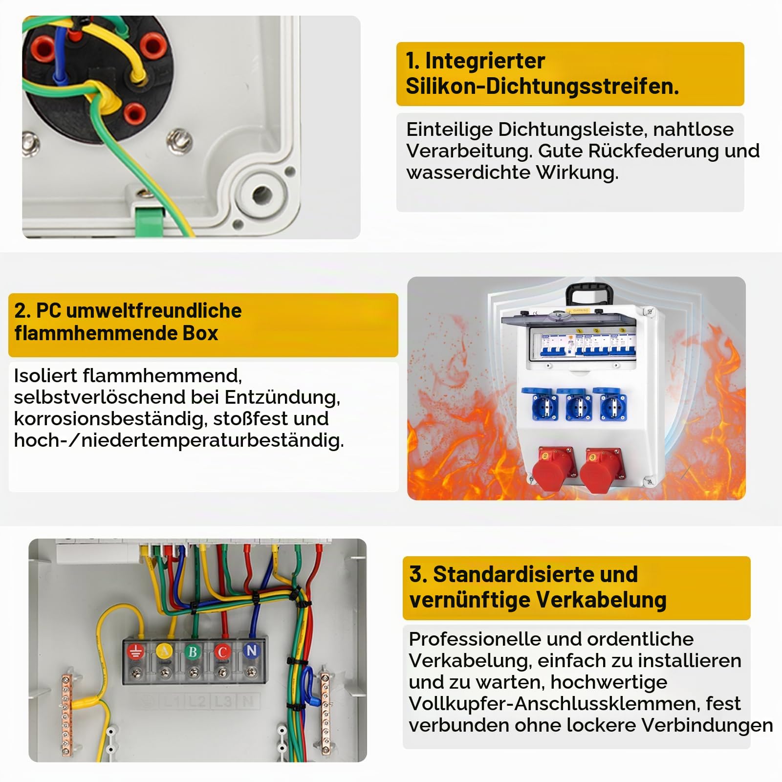 Baustromverteiler,IP65 Wasserdicht Stromverteiler mit Leitungsschutzschalter, Wandverteiler mit IP54 230V/16A Schuko Steckdose und IP44 CEE Steckdose 400V/16A