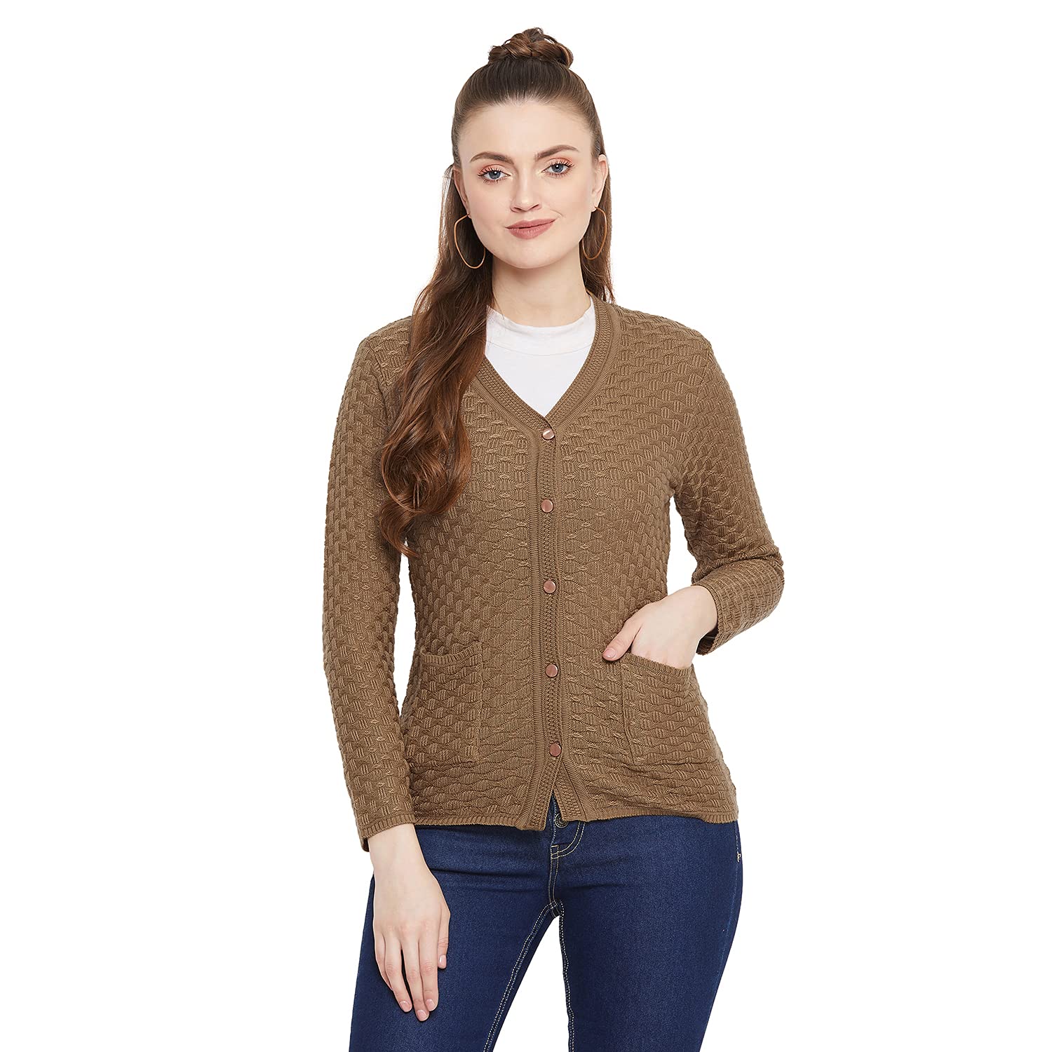 ZigoBrown Self Design Long Sleeves Regular Length Cardigan Sweater -C104-Brown