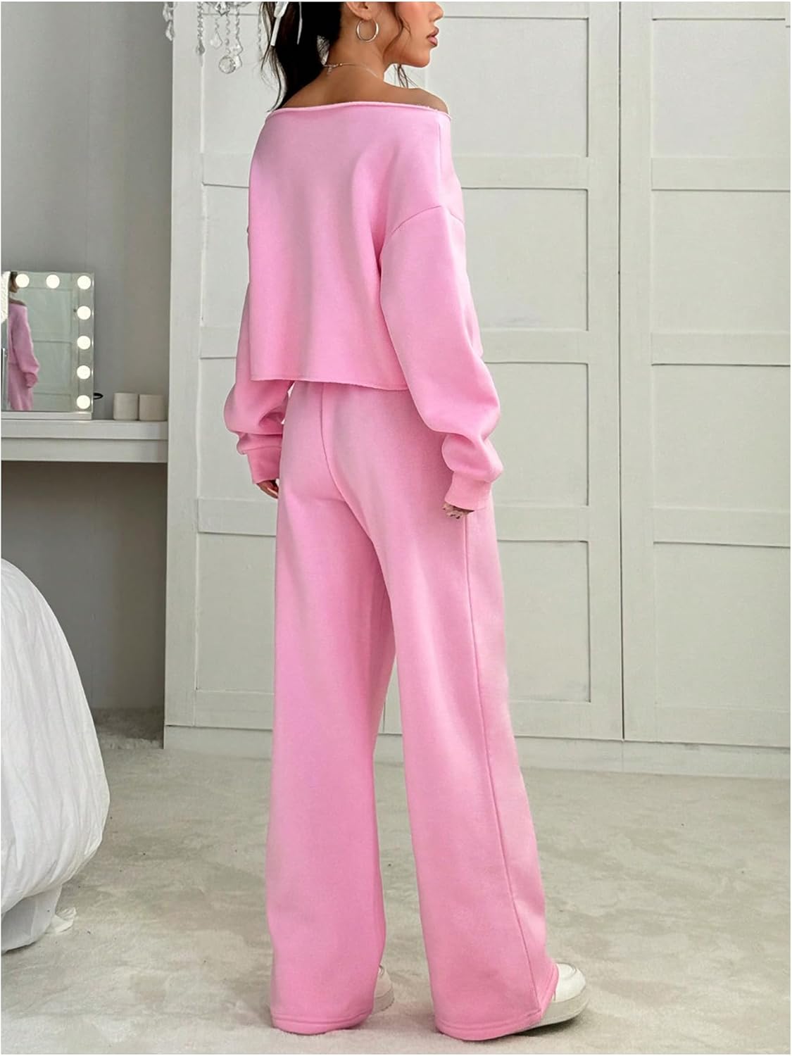 SOLY HUX Women's 2 Piece Outfits Fall Sweatsuits Off The Shoulder Crop Top Wide Leg Sweatpants Casual Matching Lounge Sets - Image 2