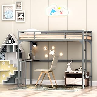 Epinki Twin Metal Loft Bed with Desk, Ladder and Guardrails, Bookdesk Under Bed, Silver, Easy Assembly