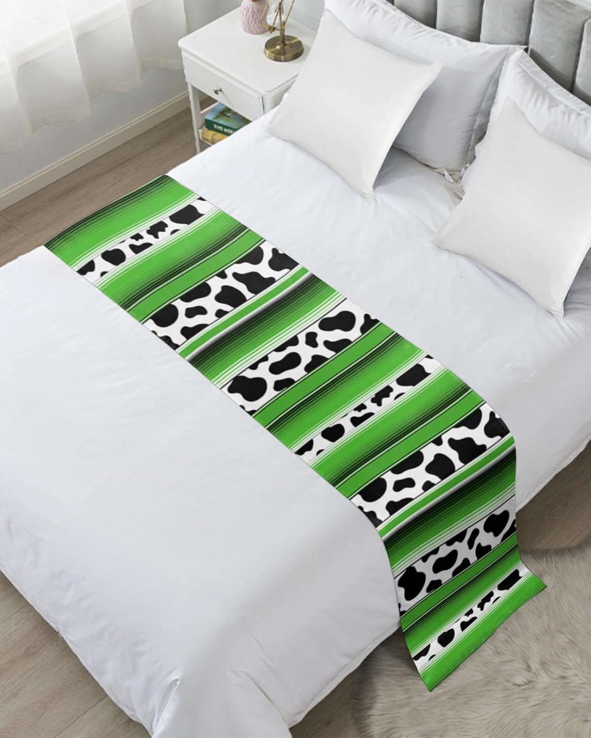 Bed Runners & Scarves, Animal Skin Texture Black and White Cow Pattern Green Stripes Bed Runner, Bed Scarf Protector Decorative Accent Bedding Scarf for Hotels Homes and Guestrooms, 94 x 20 inches