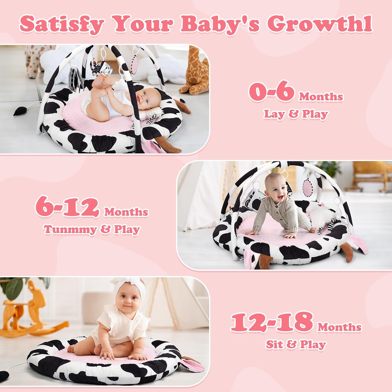 Pink Cow Baby Play Gym & Tummy Time Mat with 6 Sensory Toys - Extra Large Thick Soft Floor Play Mat for Newborn Infants 0-12 Months - Nursery Essential Gift