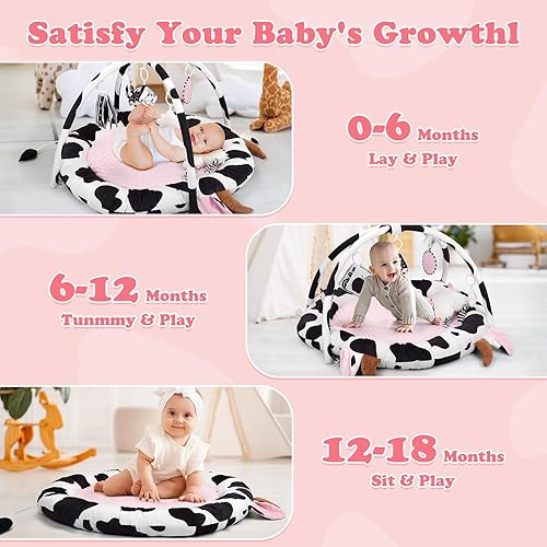 Miniatura 5 de Pink Cow - Gimnasio de juego para bebé, tapete para el tiempo boca abajo con 6 juguetes sensoriales, extra gruesa y suave para bebé, regalo de