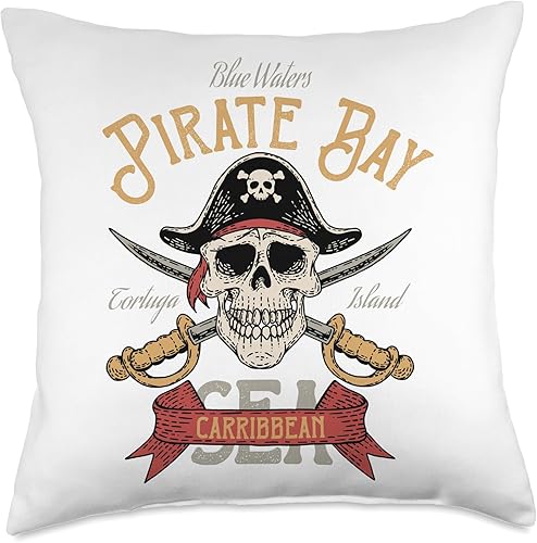 Halloween Horror Pirate Bay Caribbean Skull Swords Tortuga Throw Pillow, 18x18, Multicolor