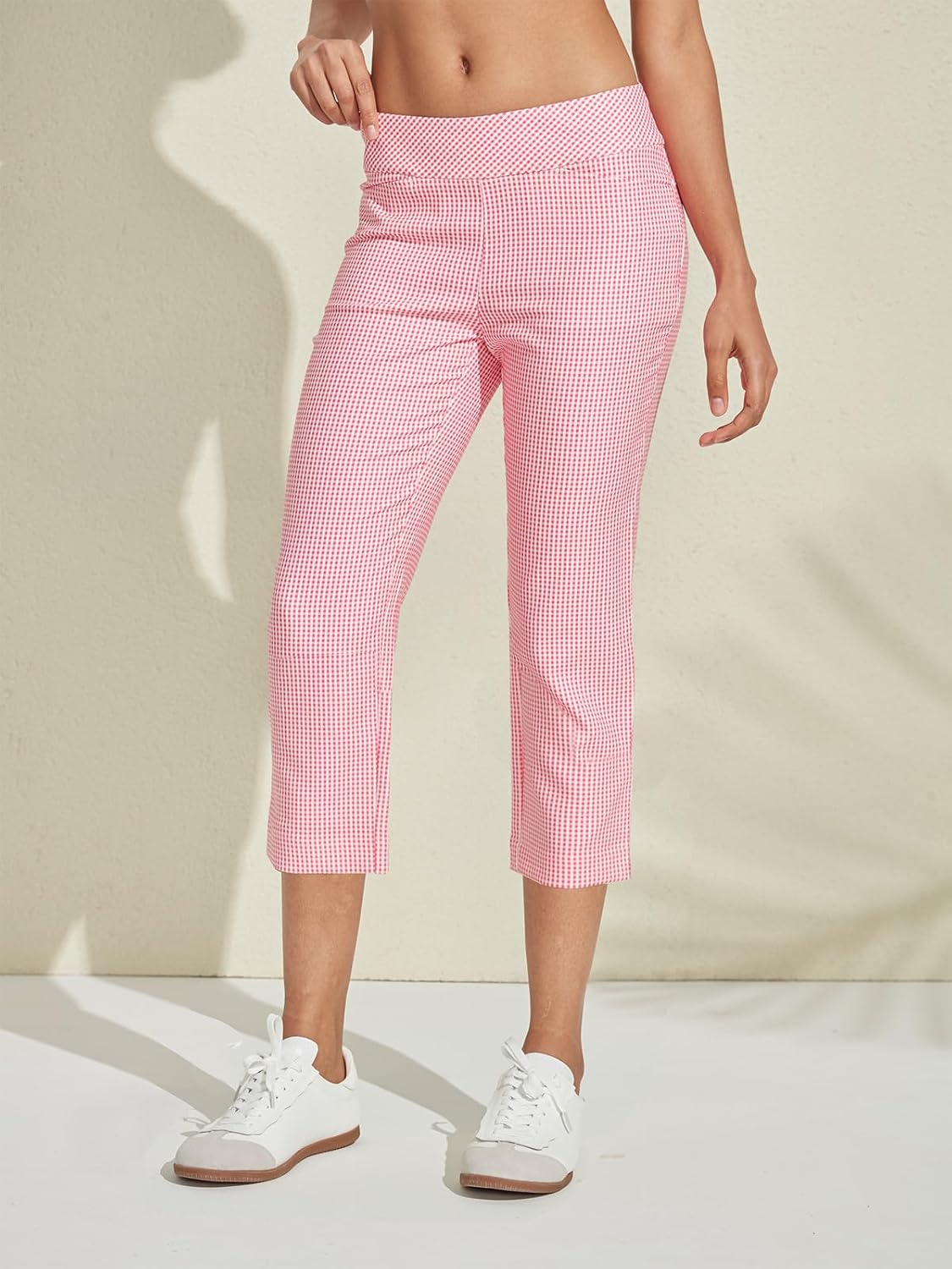 Womens Golf Plaid Pants Business Casual Checkered Capri Pant for Women Stretch Sweatpant with Pockets for Athletic Travel