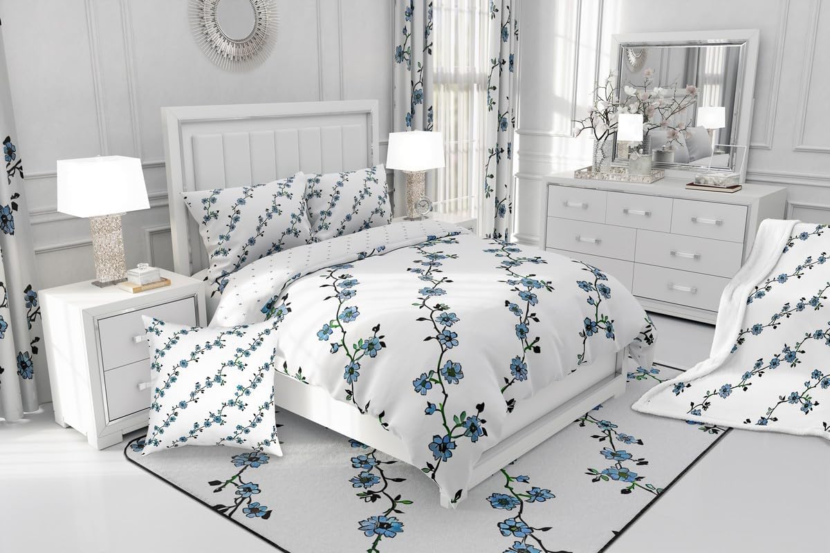 jejeloiu Floral Sherpa Blanket Plush Fuzzy 40"x50" Kids Vintage Flower for Boys Girls Teens Spring Blossom Fleece Throw Blanket Soft Botanical Blue White Room Decor
