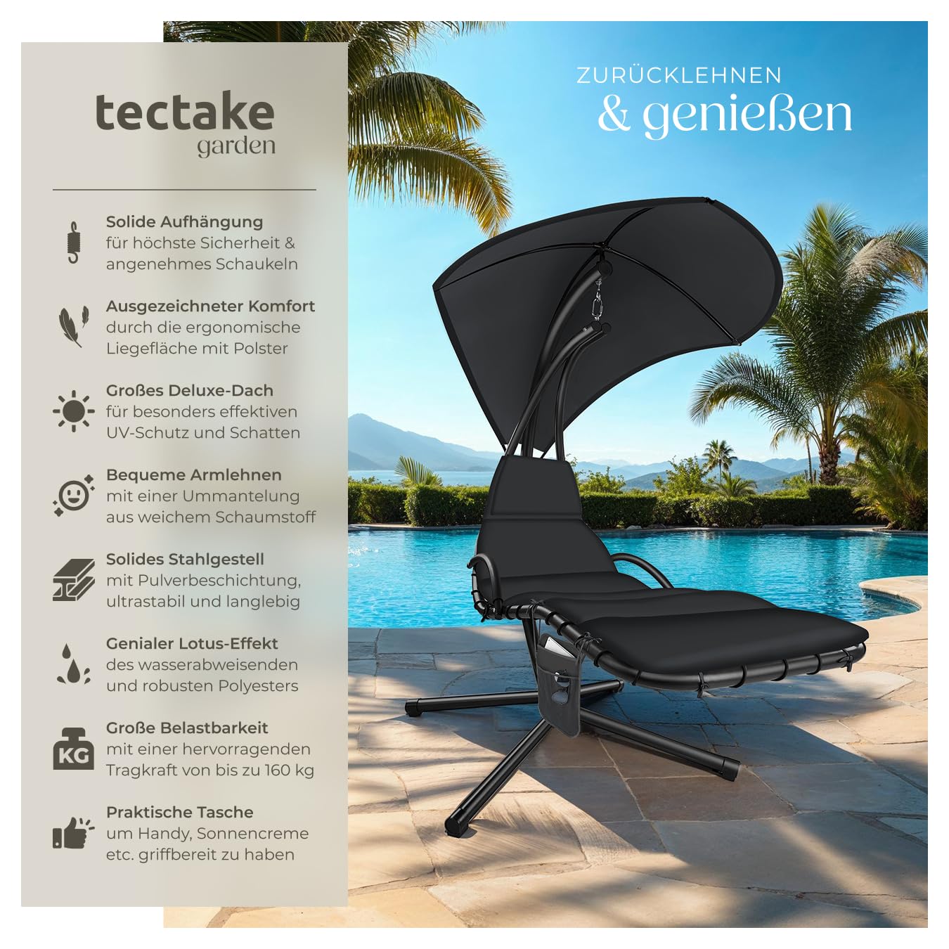 tectake® Hängeliege mit Gestell, Schwebeliege, Schwingliege mit Sonnendach, Schaukelliege, Hängesessel inkl. Tasche, Polsterauflage mit Kopfkissen, für Garten, Terrasse und Balkon - schwarz