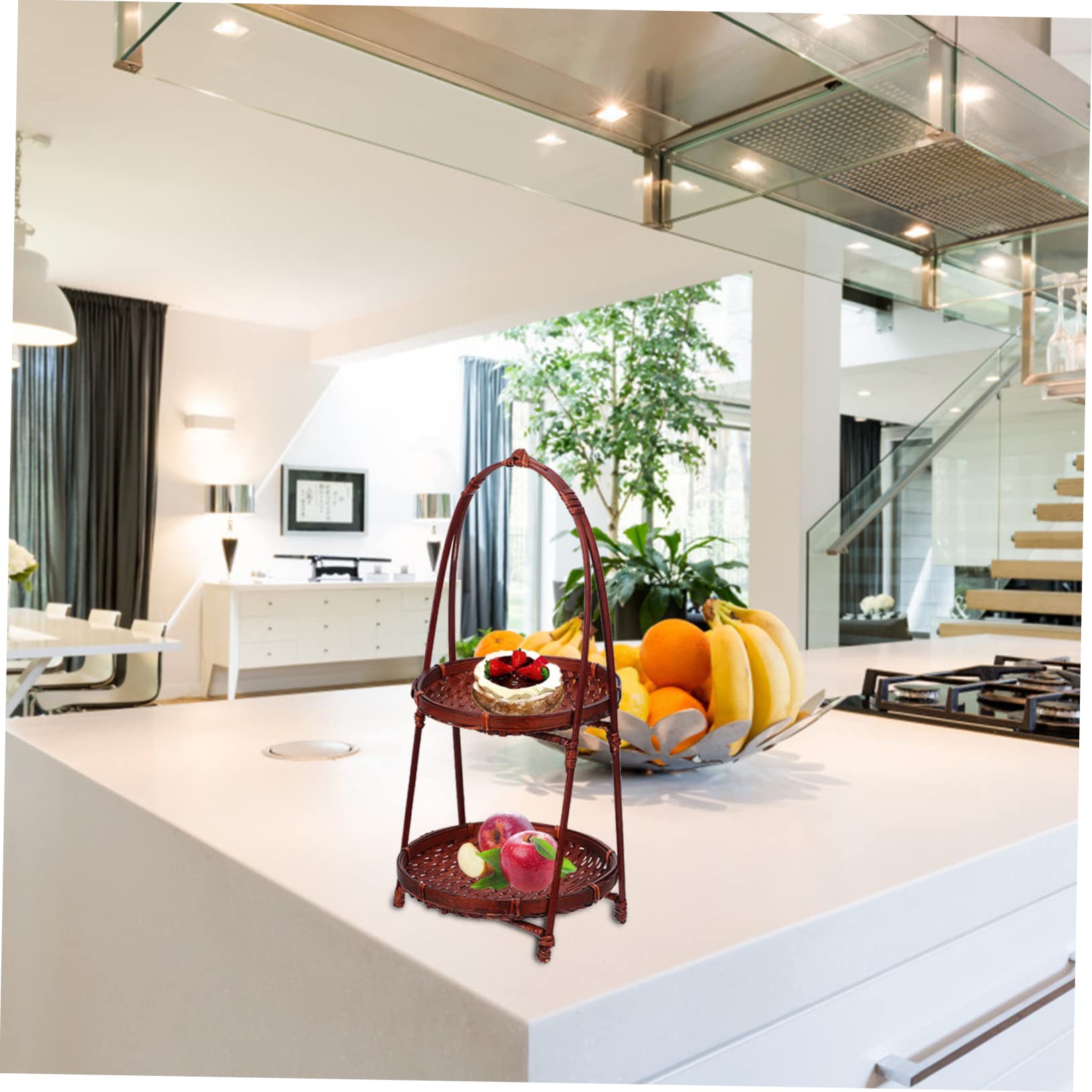 SOLUSTRE Handmade Double Decker Snack Stand Woven Fruit and Pastry Storage Basket for Home Kitchen Office and Restaurant Decor and Chic Design