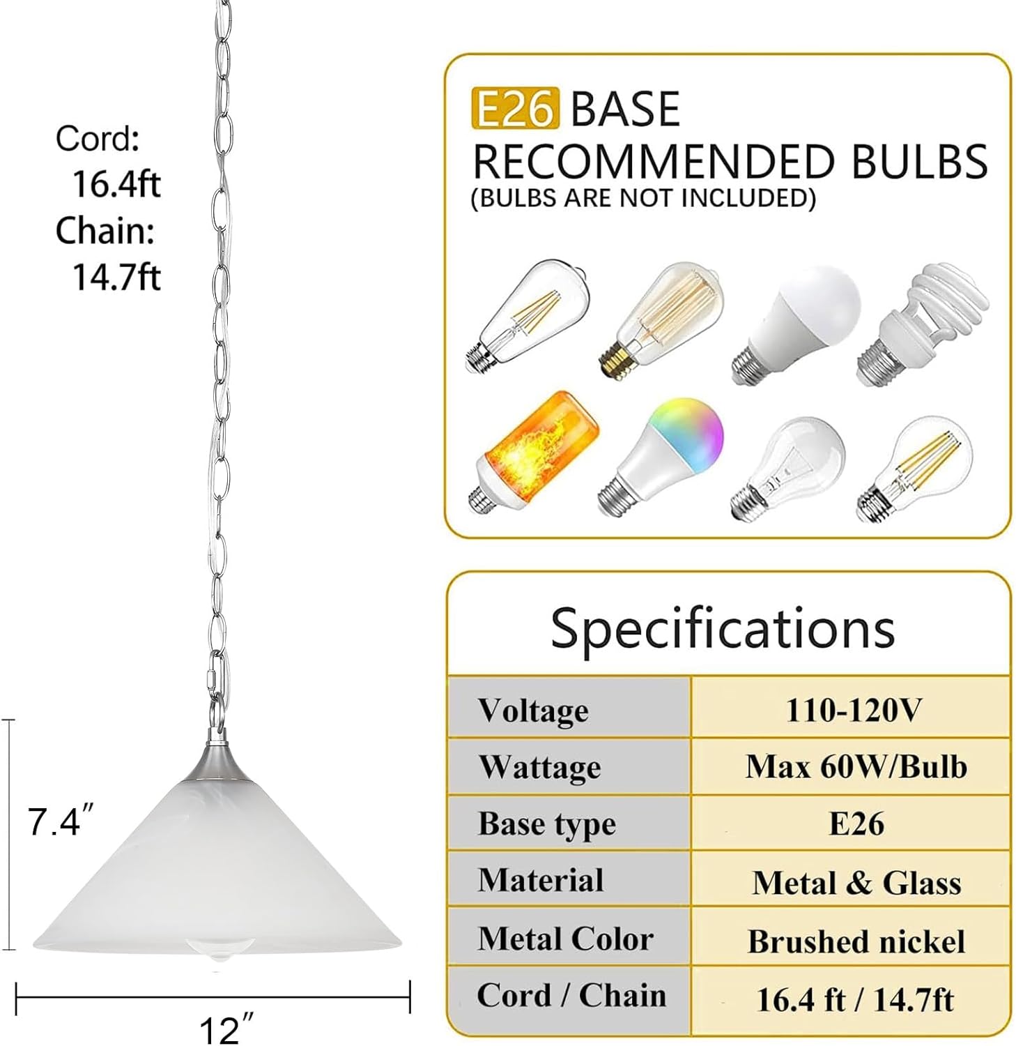Plug in Pendant Light Alabaster Glass Dome Shade Hanging Lamp with Dimmable On/Off Switch,16.4Ft Cord & 14.7Ft Chain Brushed Nickel Swag Light Fixture for Kitchen Sink Bar Nook Farmhouse